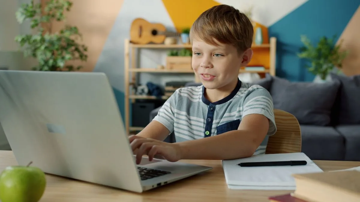 Student following an online lesson on a laptop, illustrated with Muse AI Video explainers